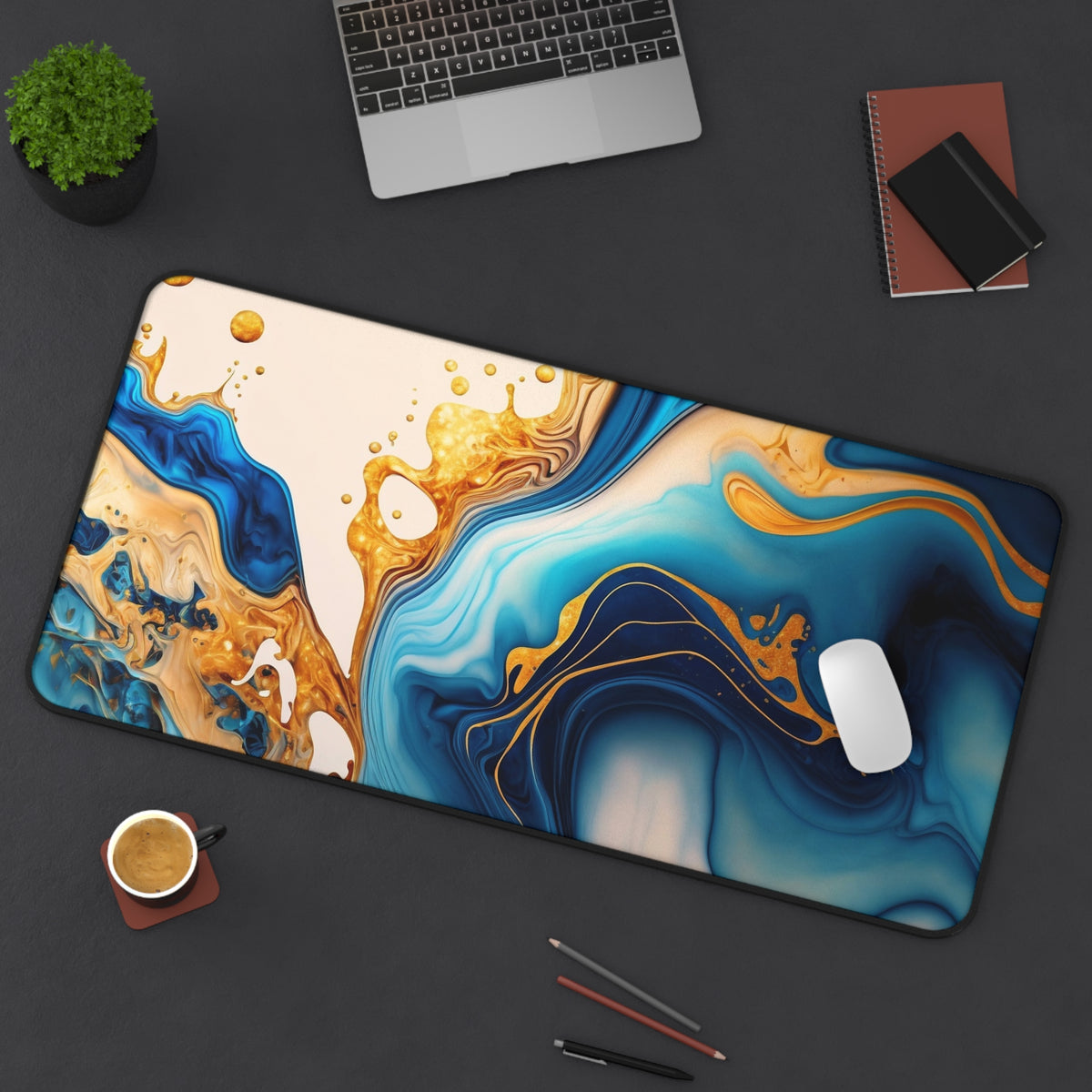 Desk mat Blue, yellow and gold marble design