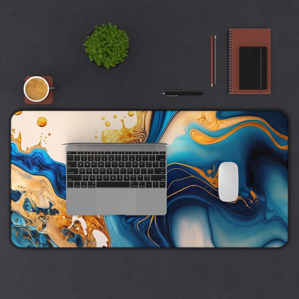 Desk mat Blue, yellow and gold marble design