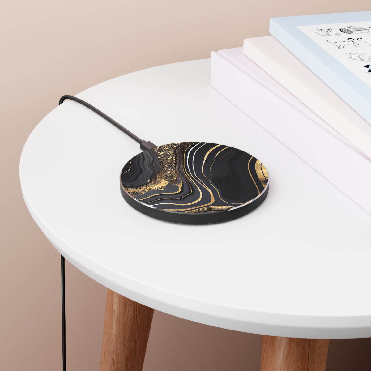 Wireless Charger black and gold marble design