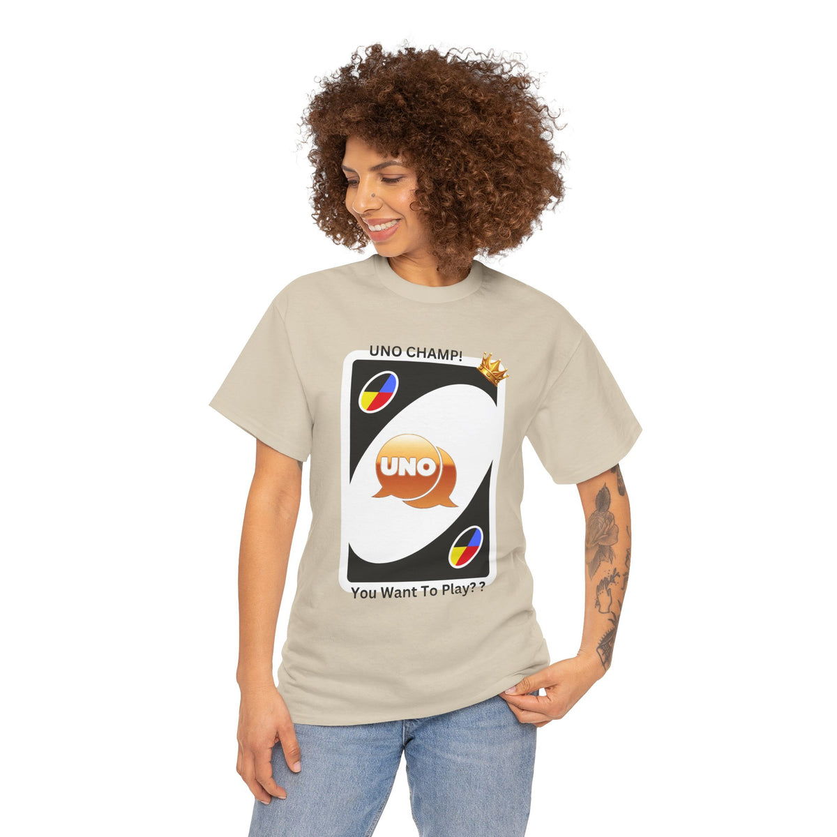 Custom Cotton T-Shirt with "Uno Card Champ"