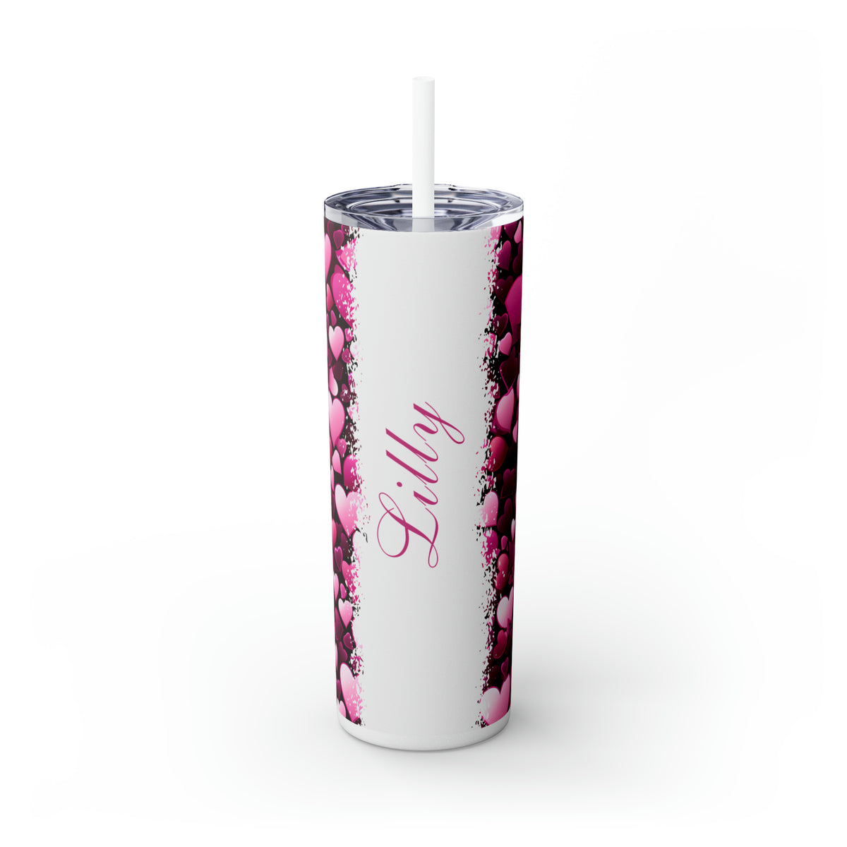 Skinny Tumbler with Straw, 20oz Pink hearts (dark)