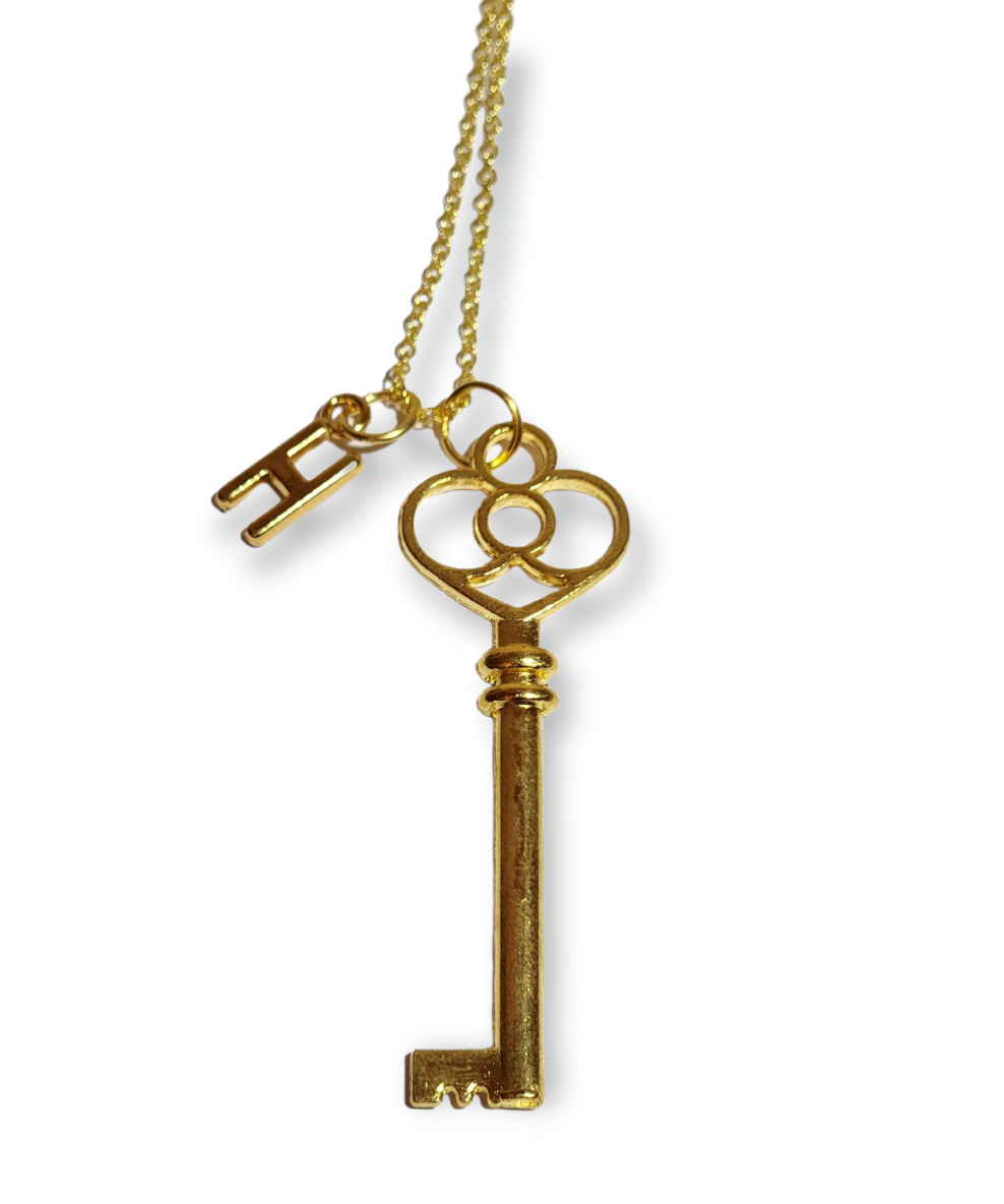 Gold key necklace with letter